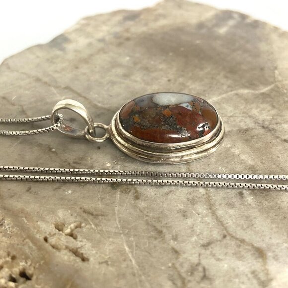 Sterling Silver 925 Oval Bezel Set Brecciated Jasper Pendant Necklace 18.5" - Picture 13 of 16